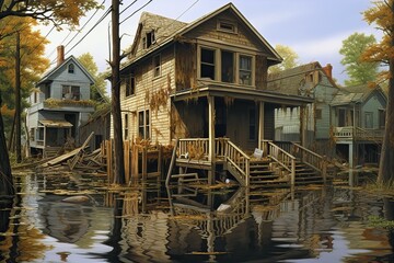 Obraz premium Devastated city after a flood, AI Generated, AI generated