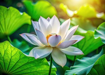 Fototapeta premium Close-up documentary reveals a pristine white water lily, its vibrant green leaves, a sacred aquatic bloom in high detail.