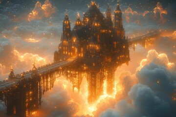 Fototapeta premium Golden castle floating amidst fiery cloudscape