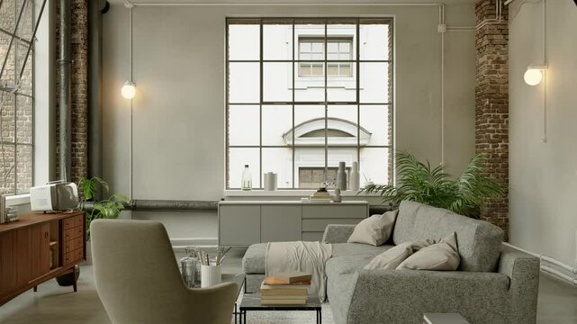 Stylish and spacious open plan loft apartment interior with large windows, exposed brick wall, and modern furniture, creating a contemporary living space
