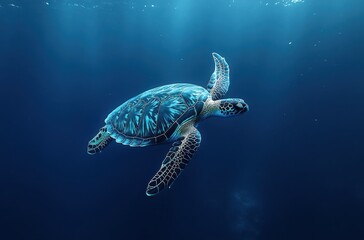 Graceful Sea Turtle Swimming in Crystal Clear Waters Beneath the Ocean Surface with Sunlight Filtering Through the Waves and Vibrant Marine Environment