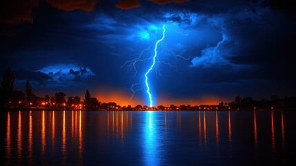 Naklejka premium Lake Storm, Lightning Strike, Night, City Reflection