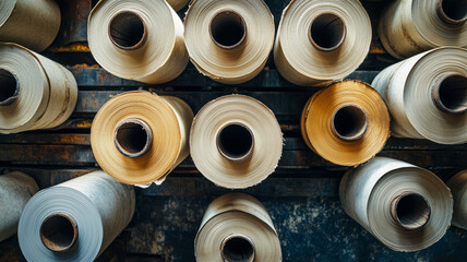 Multiple paper rolls viewed from above in a factory setting.