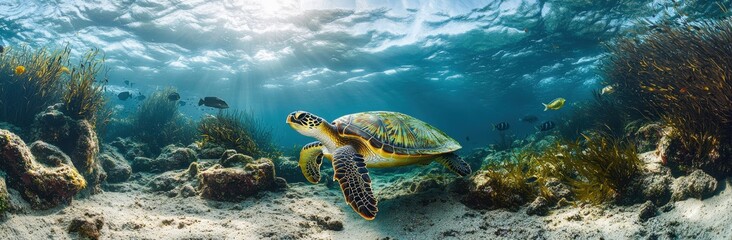 Obraz premium Graceful Sea Turtle Swimming Through Clear Blue Water Amidst Vibrant Coral Reef and Colorful Tropical Fish in Underwater Paradise