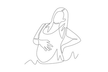 Pregnant women feel pain in the stomach. Pregnant women getting ready for baby concept one-line drawing