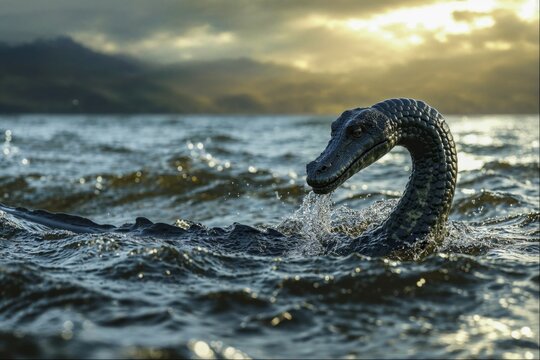 The head of Nessi, the Loch Ness sea monster, rises out of a lake with glittering splashes of water during a picturesque sunset, AI generated, AI generated