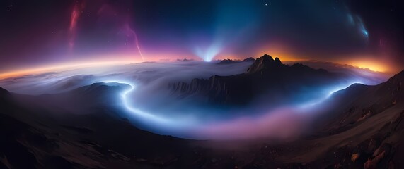 A panoramic view of vibrant cosmic phenomena shaping a fantastical landscape