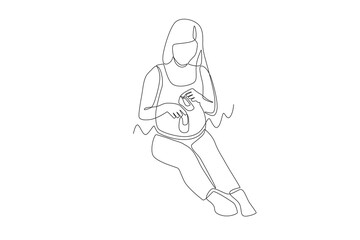 Pregnant woman holding baby shoes. Pregnant women getting ready for baby concept one-line drawing