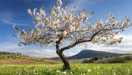 Fototapeta premium KI generated, A single almond tree in bloom in Majorca, Balearic Islands, Spain, Europe