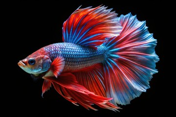 Fototapeta premium Macro close-up: Betta splendens, vibrant against a black backdrop, showcasing underwater artistry.