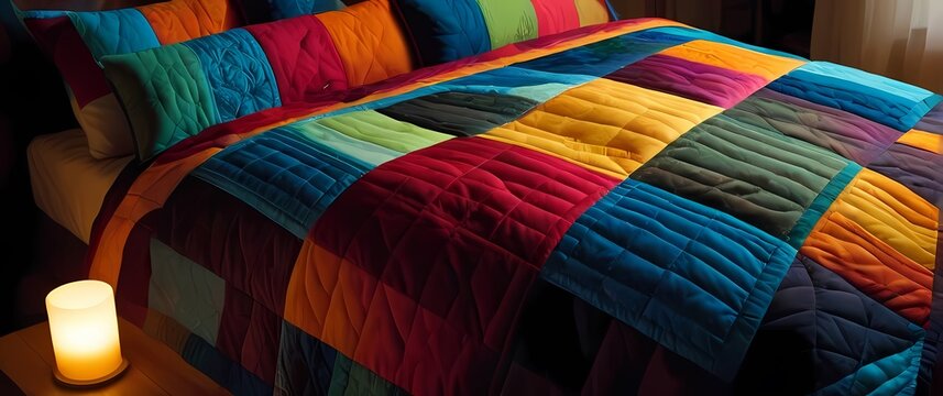 A patchwork quilt featuring bold and joyous colors inviting warmth and comfort