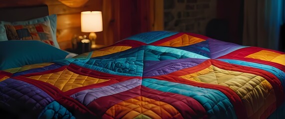 A patchwork quilt featuring bold and joyous colors inviting warmth and comfort