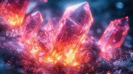 Fototapeta premium Radiant pink crystals sparkling in a mystical landscape, showcasing stunning clarity and vibrant hues of amber and violet.