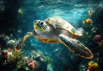 Fototapeta premium Graceful sea turtle swimming through vibrant coral reef in crystal clear ocean waters, showcasing marine life and underwater beauty