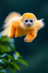 Fototapeta premium A vibrant photograph of a golden langur leaping between tree branches in Indiaâ€™s northeastern forests, calling attention to habitat fragmentation,