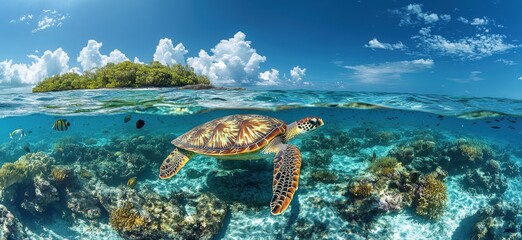 Graceful sea turtle swimming through vibrant coral reef under a bright blue sky with stunning cloud formations and lush island in the distance
