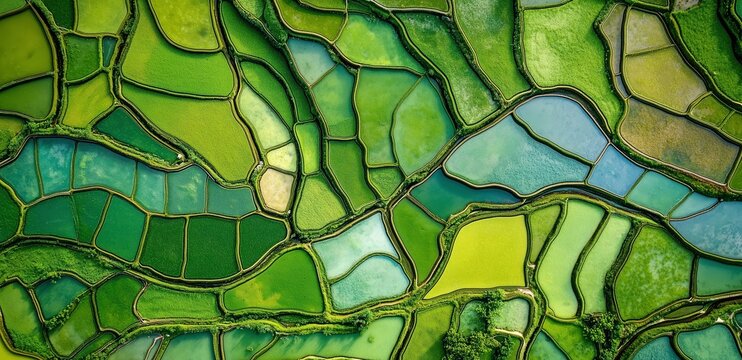 Aerial View of Rice Terraces: A breathtaking aerial shot captures the vibrant patchwork of emerald green and sapphire blue rice terraces, forming an intricate and mesmerizing landscape.