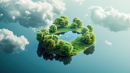 Island with trees and a lake floating in the sky.