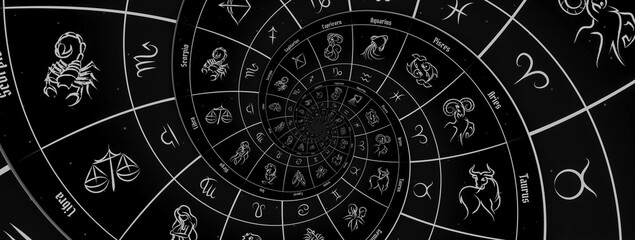 Astrological background with zodiac signs and symbol, black