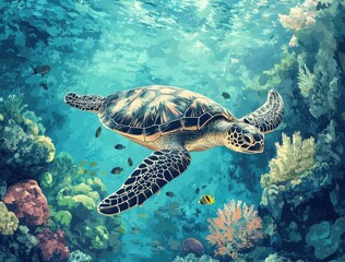 Fototapeta premium Graceful Sea Turtle Swimming Through Vibrant Coral Reef with Colorful Fish in Clear Blue Ocean Water Beneath Sunlit Surface
