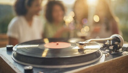 Obraz premium Friends enjoy drinks vinyl record playing together in cozy setting at sunset, bokeh effect ai generated, AI generated