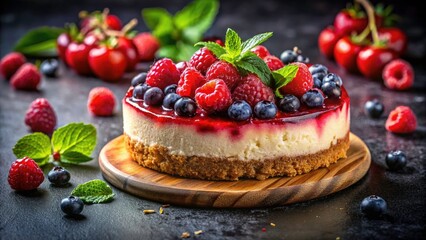 Dark background highlights the vibrant cheesecake's texture and juicy berries.