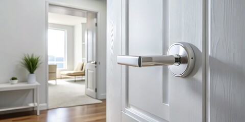 Minimalist bathroom design: ajar white door reveals sleek interior, showcasing modern home decor.