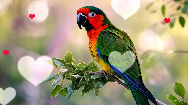 A colorful parrot is perched on a branch with a heart in the background