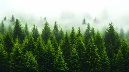 Fototapeta premium Green maritime pine forest, misty and layered, viewed from a distance with a top-down