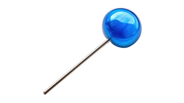 Blue push pin on transparent background, angled view. Transparent background
