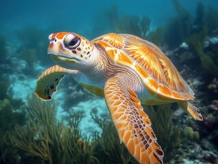 Fototapeta premium Graceful Sea Turtle Swimming Underwater in Clear Tropical Ocean with Vibrant Coral Reefs and Marine Life in the Background