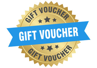 gift voucher. gift voucher round blue and gold label isolated on transparent background