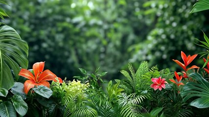 A lush green forest with a red flower in the foreground