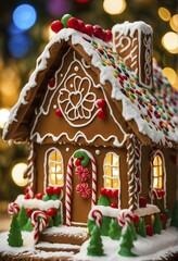 Naklejka premium Gingerbread house decorations, focusing on the intricate icing details, colorful candy, and soft, warm light creating a cozy festive ambiance, AI generated