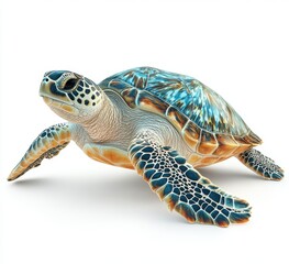 Fototapeta premium Graceful Sea Turtle Swimming Underwater with Vibrant Shell Patterns and Clear Blue Water Background in a Colorful Marine Environment