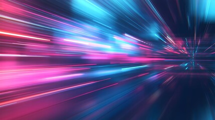 The image presents a dynamic and abstract composition dominated by blurred, luminous lines of pink and blue, suggesting rapid movement and a sense of energy.