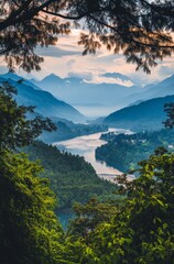 View of the conjoined rivers showcasing lush green forests, towering mountains, and serene waterways