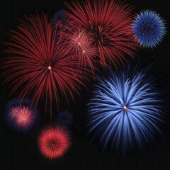 Obraz premium Red and blue fireworks illuminate the dark sky, marking a festive celebration, AI generated
