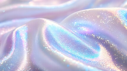 A close-up of shimmering, white holographic fabric with a flowing, draped texture, catching the light and displaying a spectrum of pastel colors and sparkling glitter.
