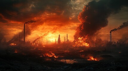 Fototapeta premium Dark smoke filling the sky from an industrial explosion, fiery debris scattered across the scene 