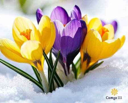 Yellow and Purple Crocus Flowers Emerging From Melting Snow, Announcing Spring s Arrival. - Powered by Adobe