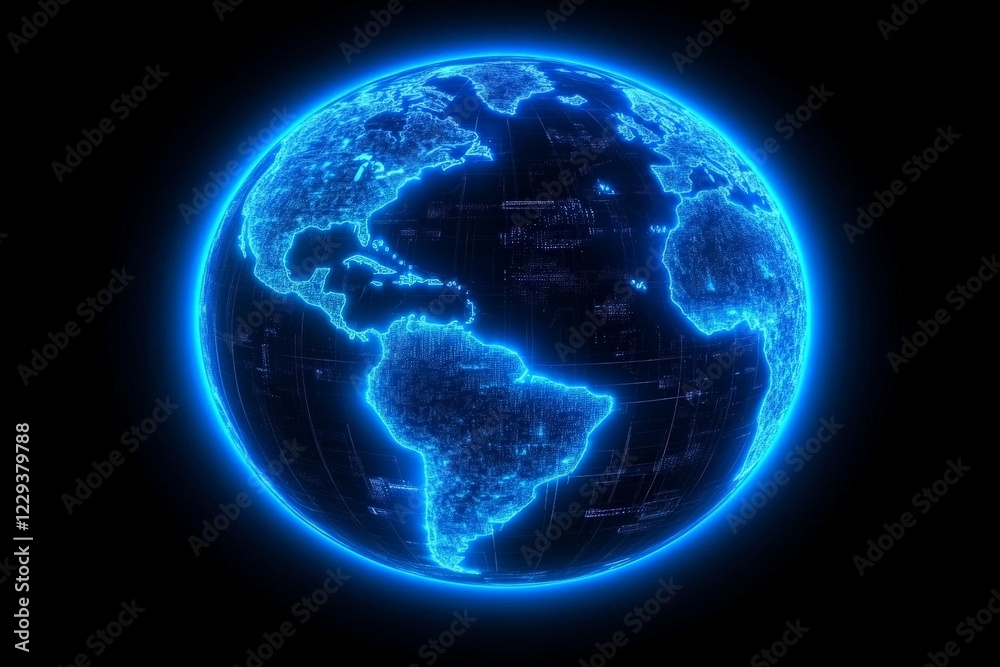 Poster Glowing representation of Earth with a blue outline showcasing continents and oceans in a dark background