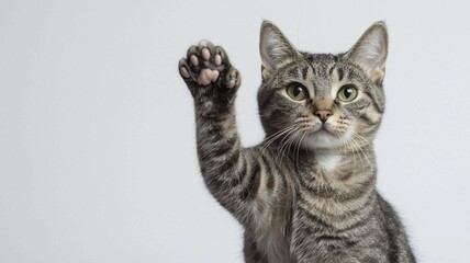 A gray tabby cat with an alert expression raises its paw against a neutral background, animal ai photo, AI generated