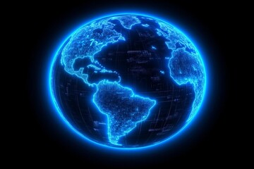 Glowing representation of Earth with a blue outline showcasing continents and oceans in a dark background