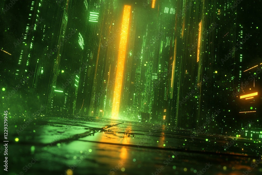 Poster Digital landscape with glowing lines and reflections in a futuristic cyber environment