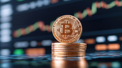 Bitcoin coins stacked with trading chart background