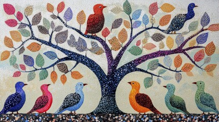 Whimsical mosaic featuring colorful birds sitting on a tree with vibrant leaves, AI generated