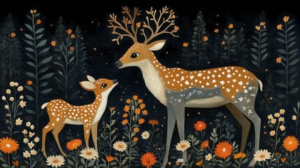 Fototapeta premium A deer with antlers and a fawn among flowers set against a dark background, creating a whimsical and peaceful atmosphere, AI generated