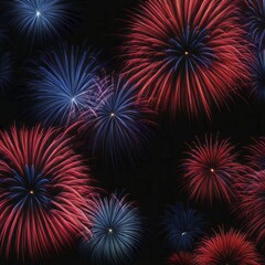 Naklejka premium Red and blue fireworks bursting against a dark backdrop, creating a vibrant and celebratory atmosphere, AI generated