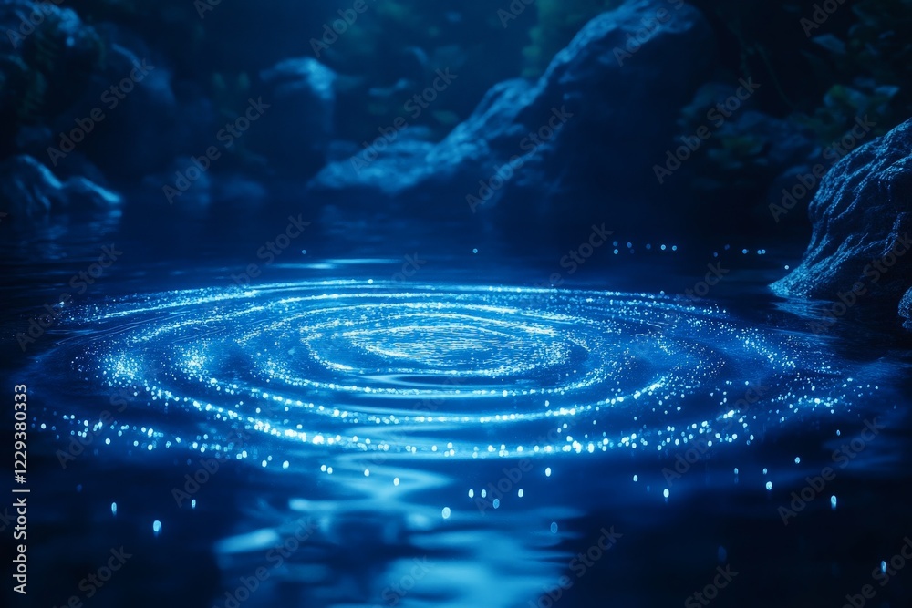 Poster ripples of light dance on the surface of a serene blue pond under the moonlight creating a tranquil 